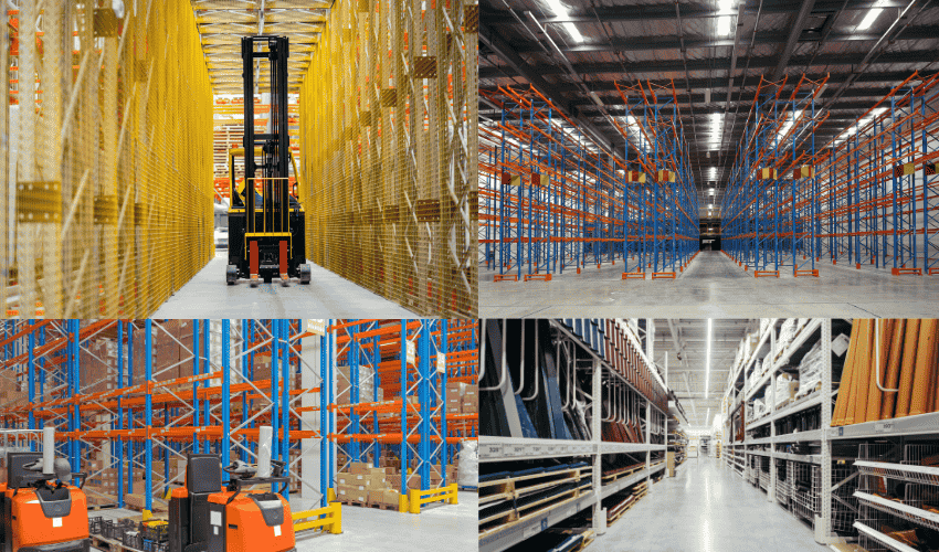 Narrow aisle racking suitable for warehouses