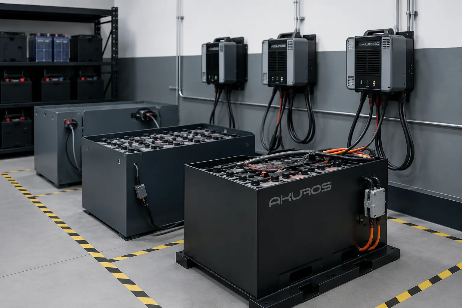 Forklift batteries and chargers for warehouse equipment