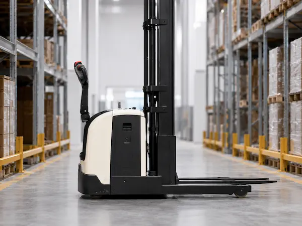 Operator view of Akuros electric stacker mast and pallet positioning in warehouse racking