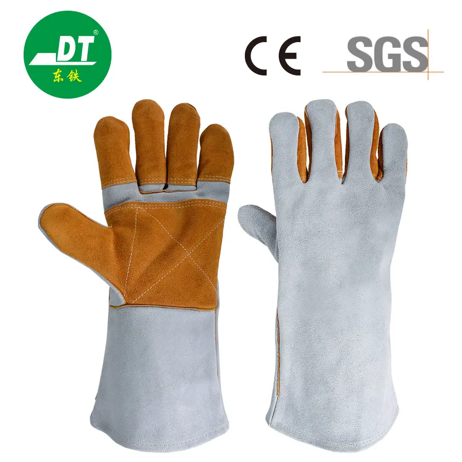 Grade A Cowhide 14 Inches Palm Five Fingers Reinforced Fireproof Wire Welding Gloves