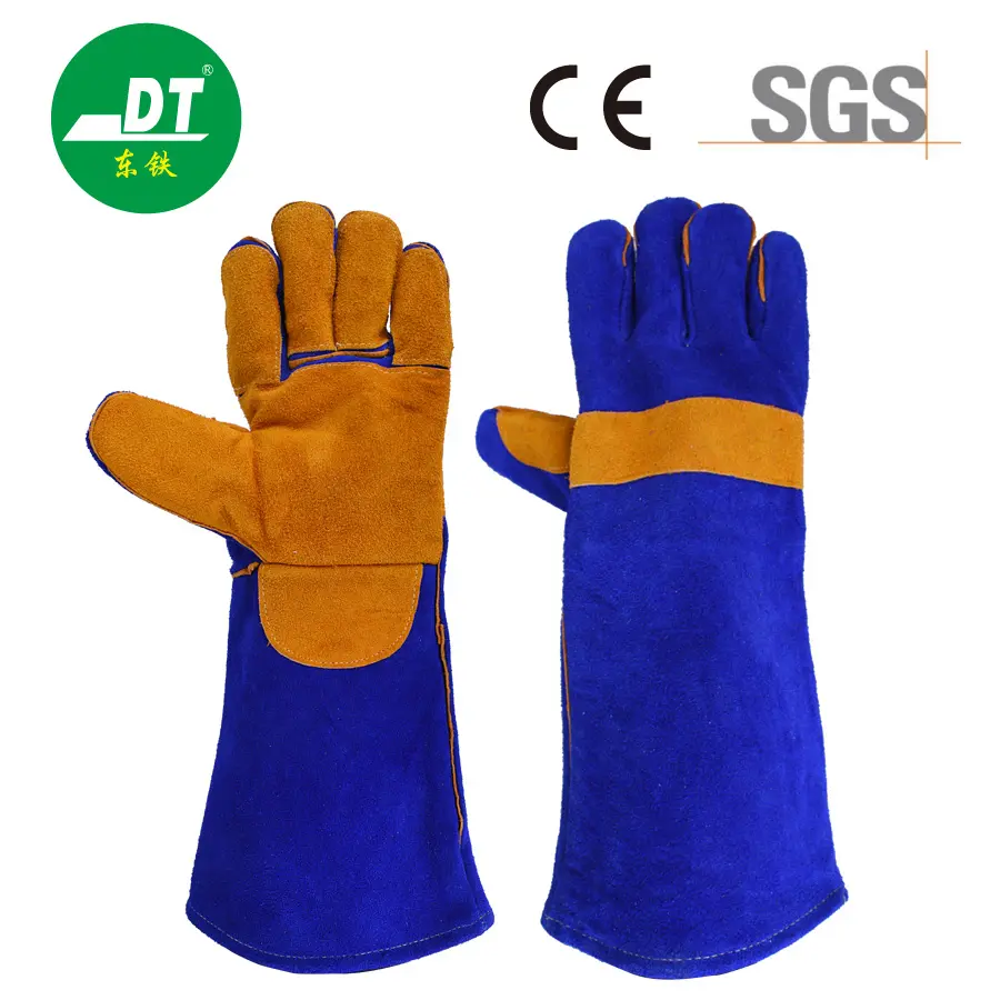 Grade AB Sapphire Blue 16 Inches Full Palm Reinforced Cowhide Gloves