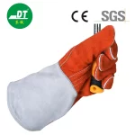 China High Quality AB Grade Cowhide 14 Inches Two-color Leather Insert Finger Double Lined Fireproof Line Welding Gloves Supplier | Dtlabor