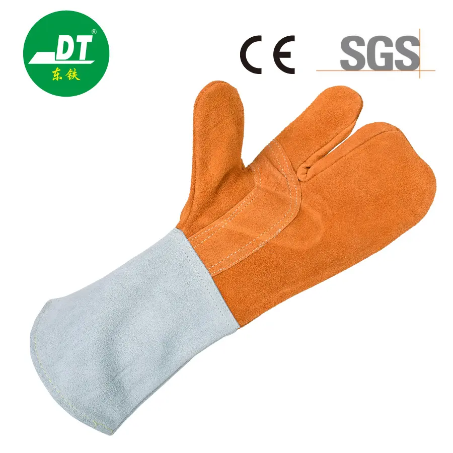 Grade AB 14-inch two-color leather three-finger single-layer fireproof line cowhide welding gloves