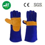 China High Quality Grade AB Sapphire Blue 16-inch Double-Layer Four Part Reinforced Fireproof Line Cowhide Welding Gloves Supplier | Dtlabor