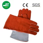 China High Quality AB Grade Cowhide 14 Inches Two-color Leather Insert Finger Double Lined Fireproof Line Welding Gloves Supplier | Dtlabor