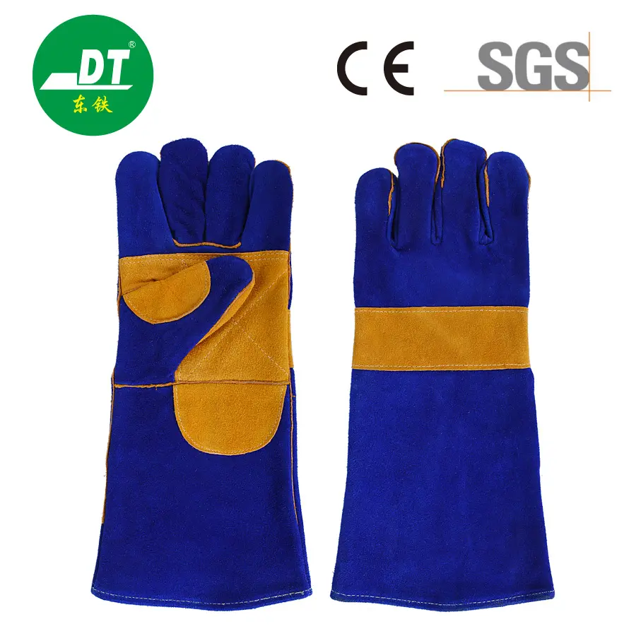 Grade AB Sapphire Blue 16-inch Double-Layer Four Part Reinforced Fireproof Line Cowhide Welding Gloves