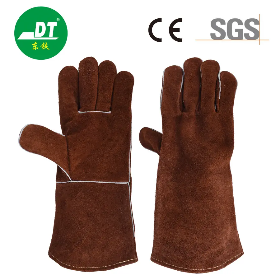 AB Grade Cowhide 14 Inches Brown Color Fireproof Welding Gloves