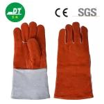 China High Quality AB Grade Cowhide 14 Inches Two-color Leather Insert Finger Double Lined Fireproof Line Welding Gloves Supplier | Dtlabor