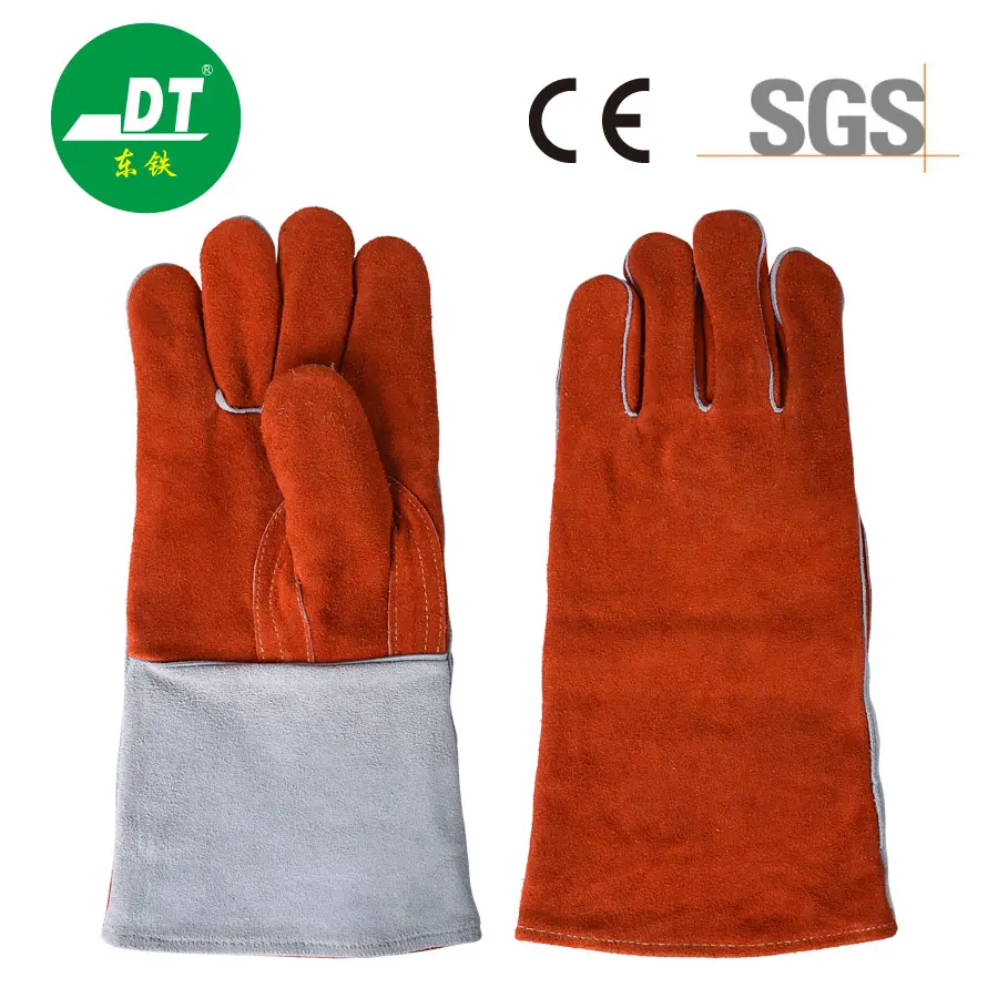 AB Grade Cowhide 14 Inches Two-color Leather Insert Finger Double Lined Fireproof Line Welding Gloves