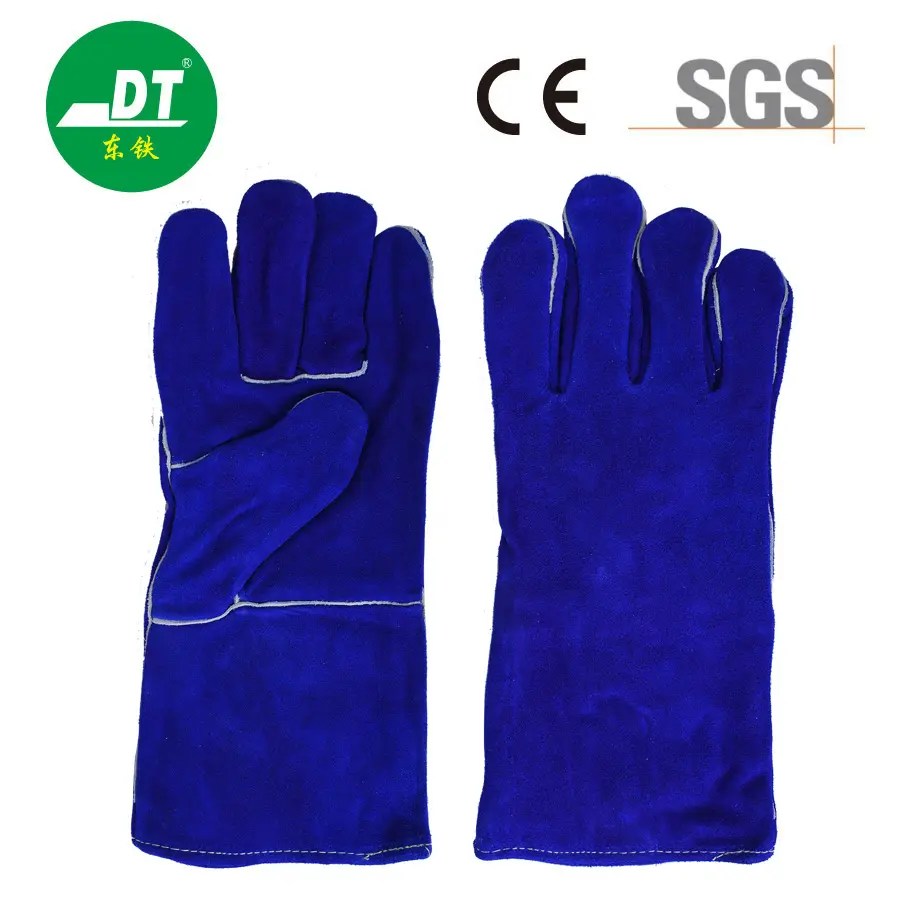 Cuero de vaca del AB del grado 14 pulgadas de guantes de soldadura alineados dobles del azul real