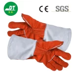 China High Quality AB Grade Cowhide 14 Inches Two-color Leather Insert Finger Double Lined Fireproof Line Welding Gloves Supplier | Dtlabor