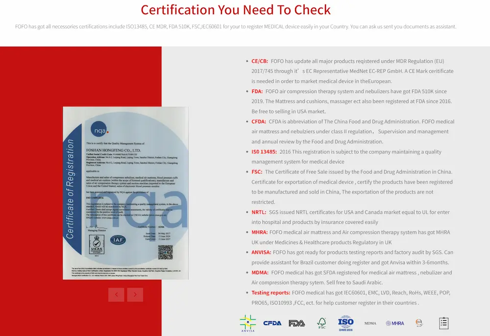 FOFO Medical certification and compliance support for air compression therapy systems including CE, FDA 510K, ISO 13485, FSC, NRTL, MHRA, ANVISA, and MDMA