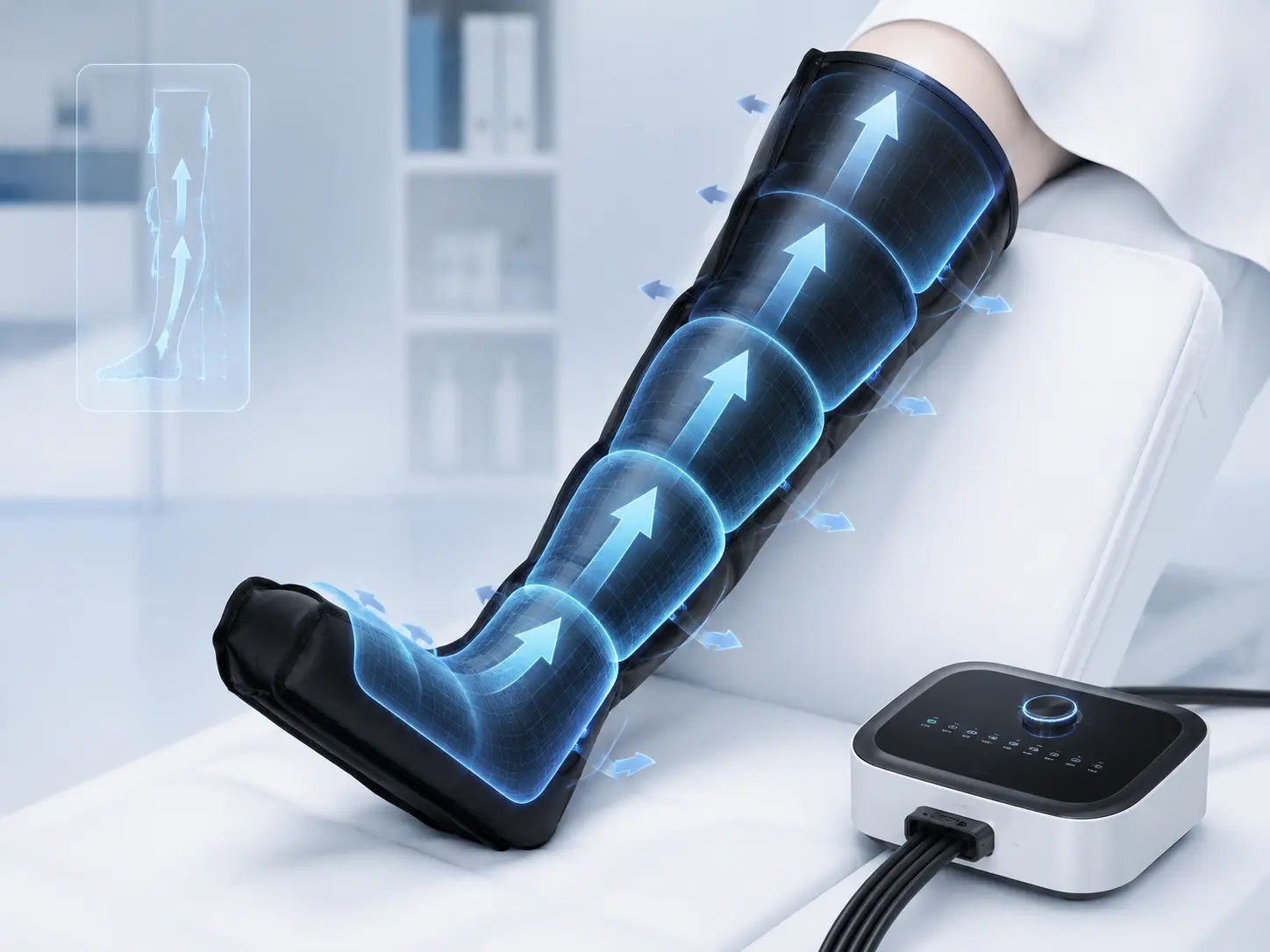 Sequential compression therapy for lower limb edema showing upward air pressure movement