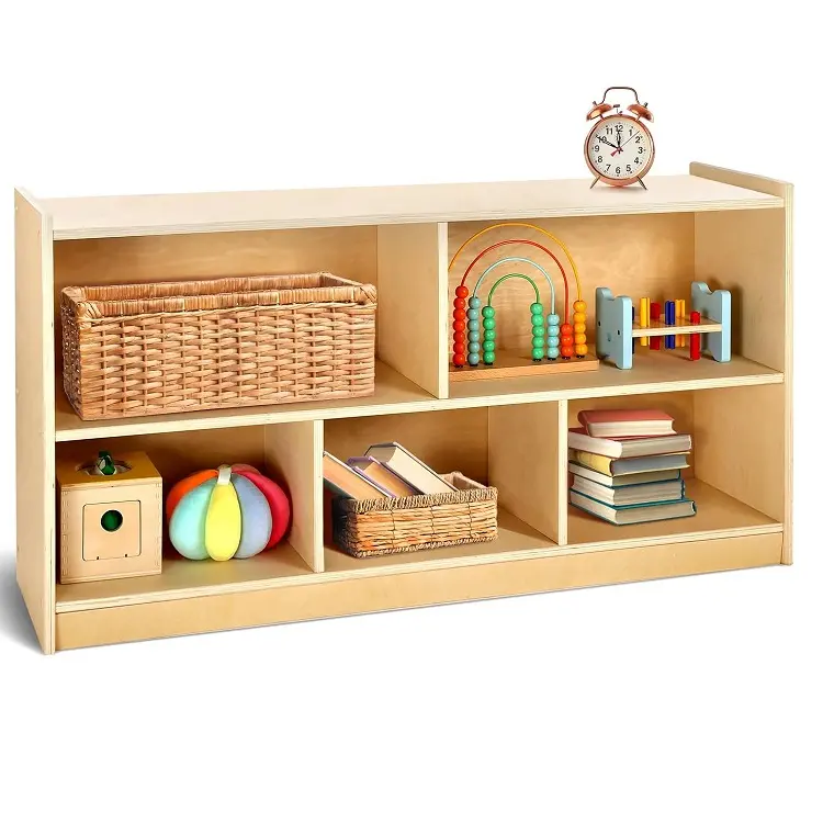 A child tidying up their toys in a Montessori storage unit