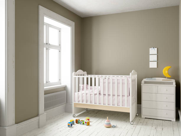 Modern nursery room with blank frame