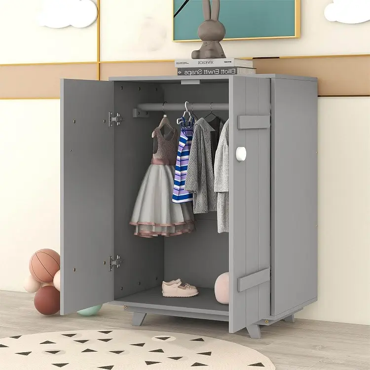 Wooden Kids Wardrobe with Hanging Rod