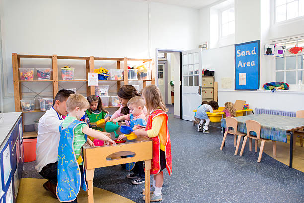 Group of nursery children in a classroom. Most are playing at the water table and three children are playing in the sand table.