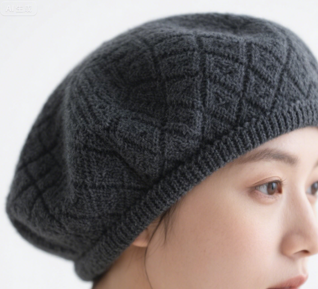 Dark Grey Knit Beret with Diamond Pattern