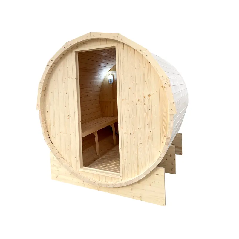 Outdoor 4-Seater Spruce Barrel Sauna Equipped with Sauna Stove