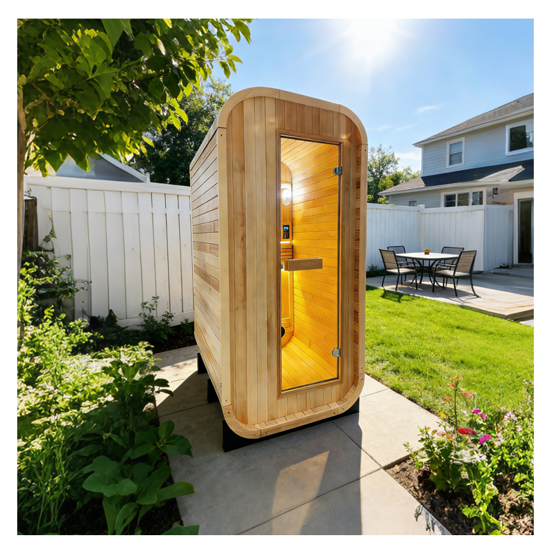 Outdoor solid wood sauna with low EMF infrared heating, smart control, weather-resistant design, and factory-direct customization