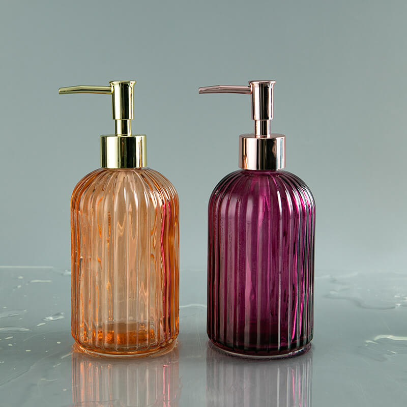 400ml Striped Glass Soap Dispenser Bottles with Steel Lotion Pumps