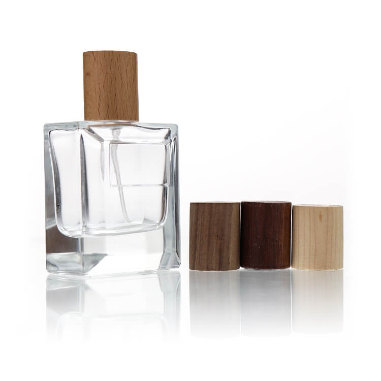 50ml Square Thick Glass Perfume Spray Bottle with Wood Lid