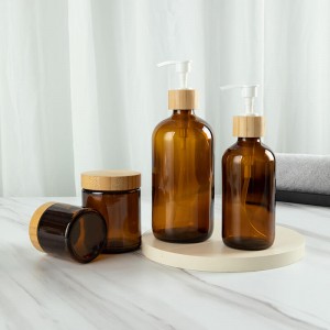 Brown Pump Soap Dispenser Cotton Ball Glass Jar with Wooden Lid