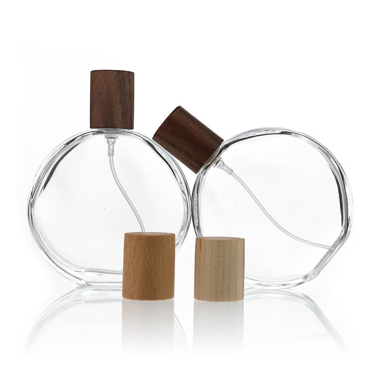 Bouteille de parfum en verre avec couvercle en bois plat rond 10CL