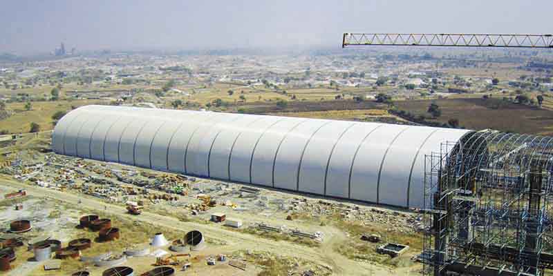 India Vicat Sagar Cement Private Limted, coal shed 76.1m width, 325m length, 25.5m height,total steel quantity reach to 3898 tons, total area covers 788