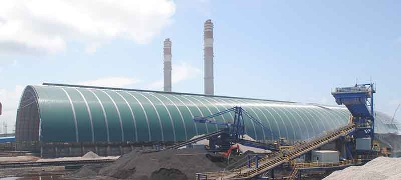 India JSW Steel Plant coal shed 104m width, 440m length, 45m height, total steel quantity reach to 3642 tons, total area covers 52624 square meters