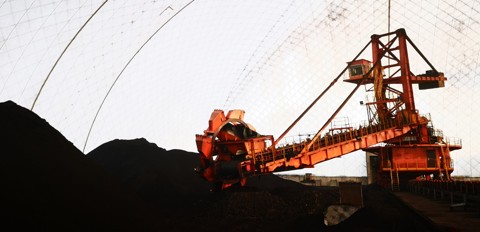 Interior view of the air membrane warehouse in the bar-shaped yard of the bucket-wheel stacker-reclaimer