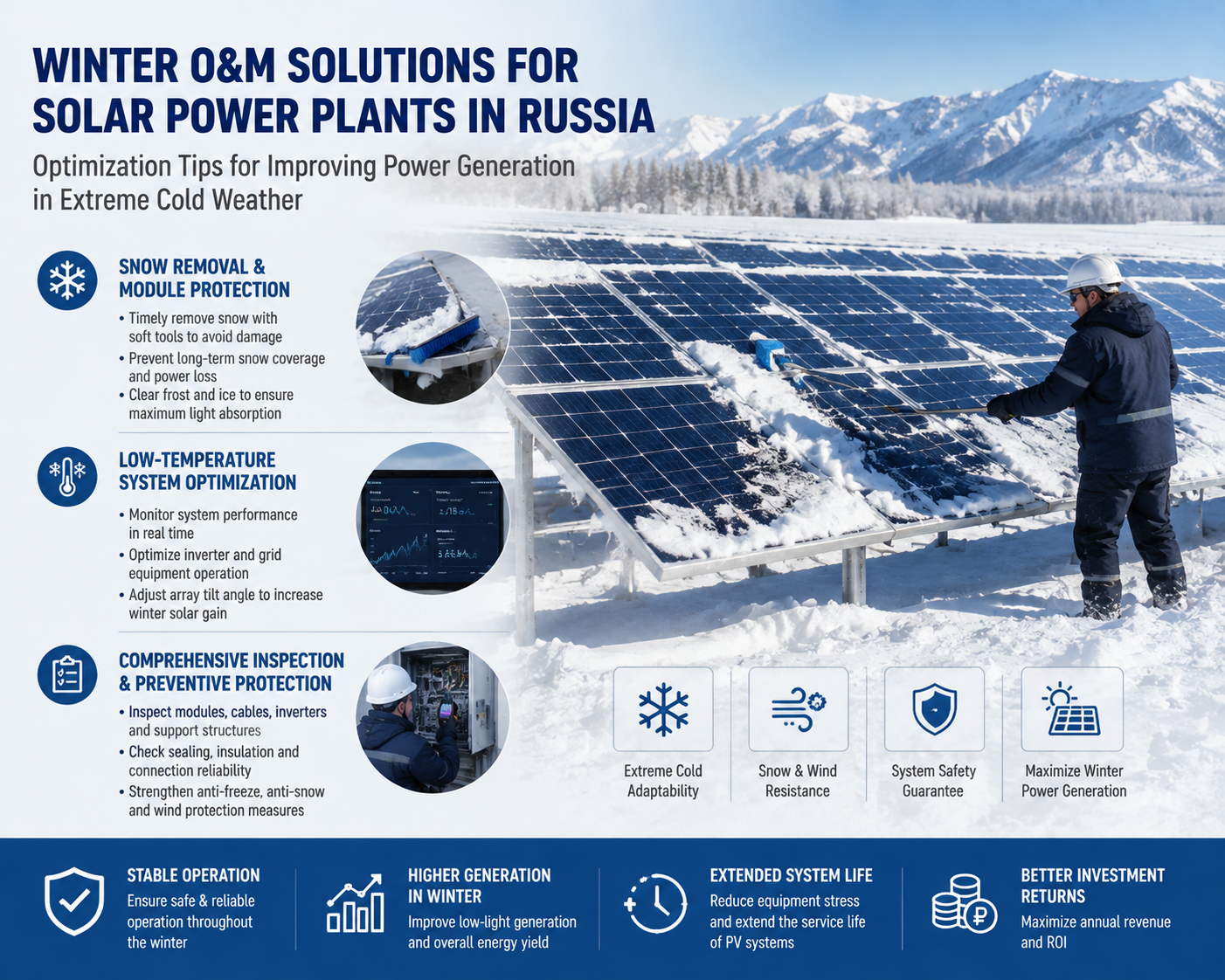 Winter Operation and Maintenance Solutions for Solar Power Plants in Russia: Optimization Tips for Improving Power Generation in Extreme Cold Weather